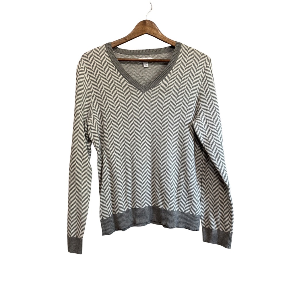 Kim Rogers Sweater Womens PXL Grey Excellent Herringbone Chevron V-Neck Cotton